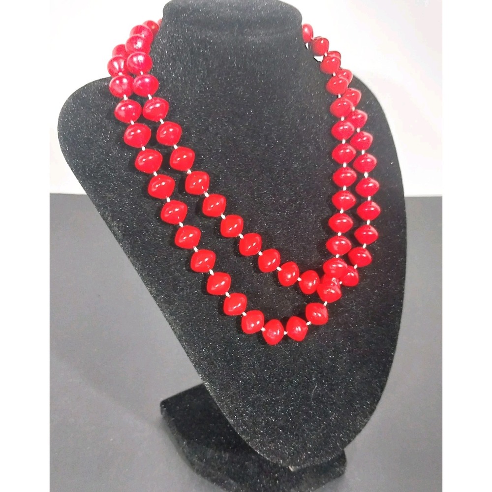 Vintage Red Bicone Beaded Necklace 28" Opera Space Age Lucite